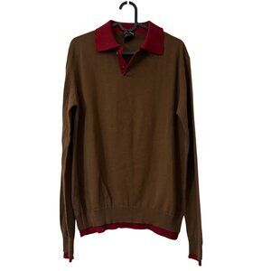 Vintage Versace Sport Brown Contrast Collar Wool Long Sleeve Polo Mens Large